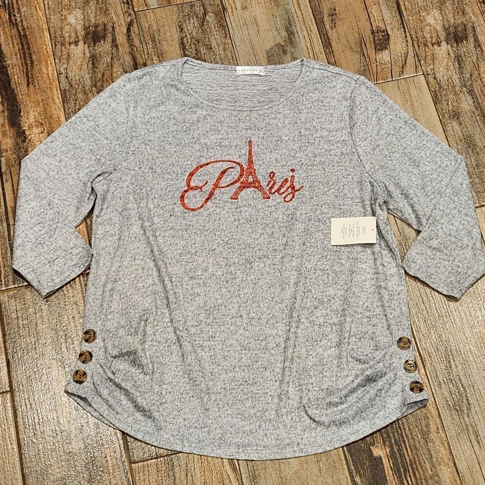 🔸️NWT Retrology Gray & Red "Paris" Eiffel Tower Lightweight Sweater Large